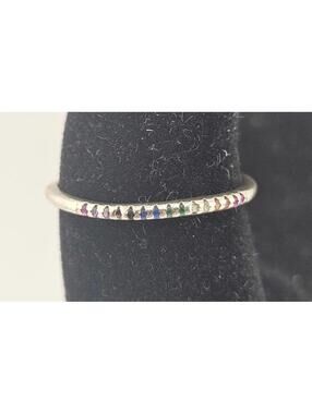 Thin Sterling Silver Band Ring with Small Multicolored/Rainbow Stones, size 7.75